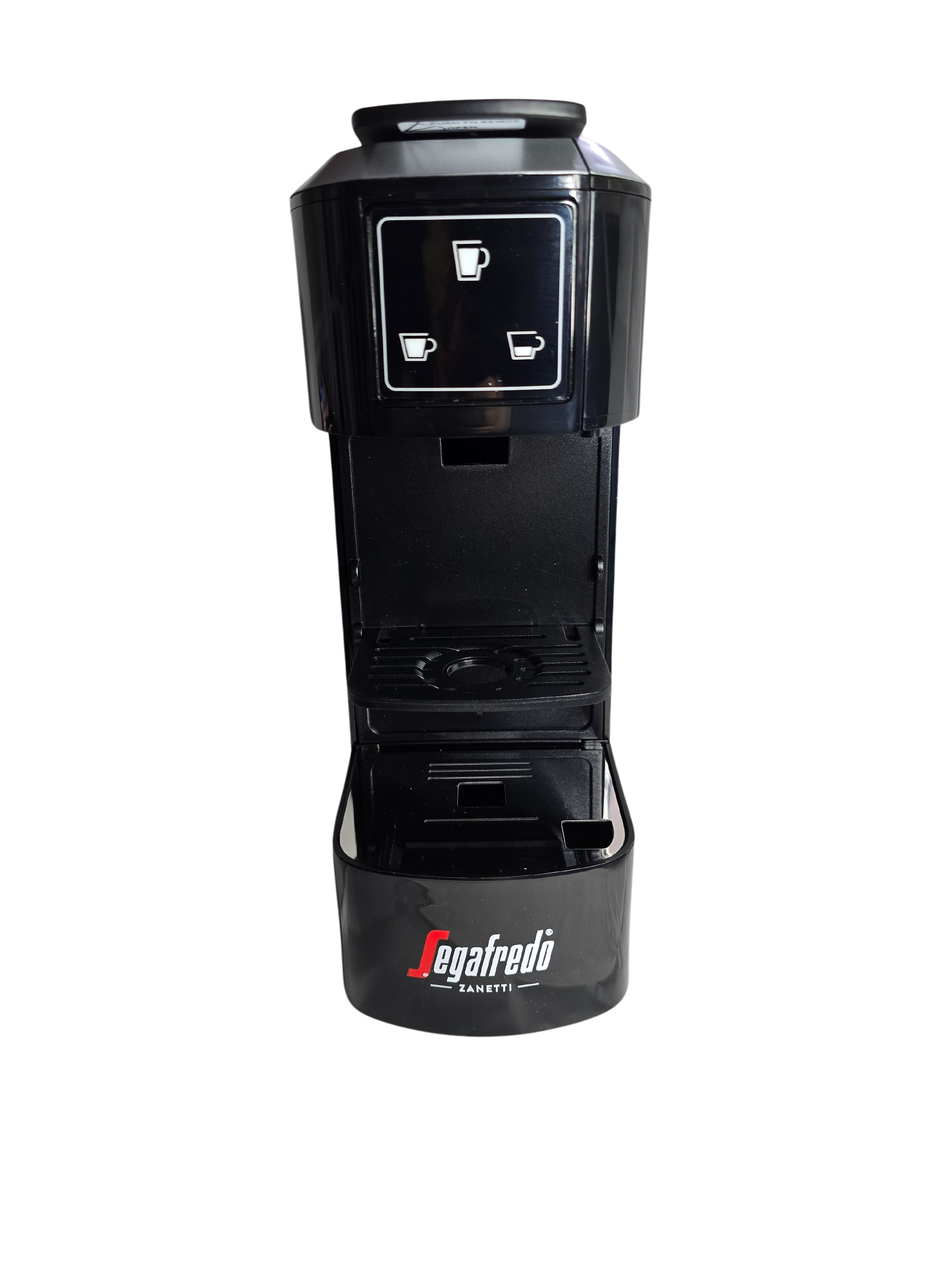 A black Segafredo Zanetti® Contracted Sky Extra Espresso Capsule Machine, viewed from the front, featuring two drink size selection buttons.