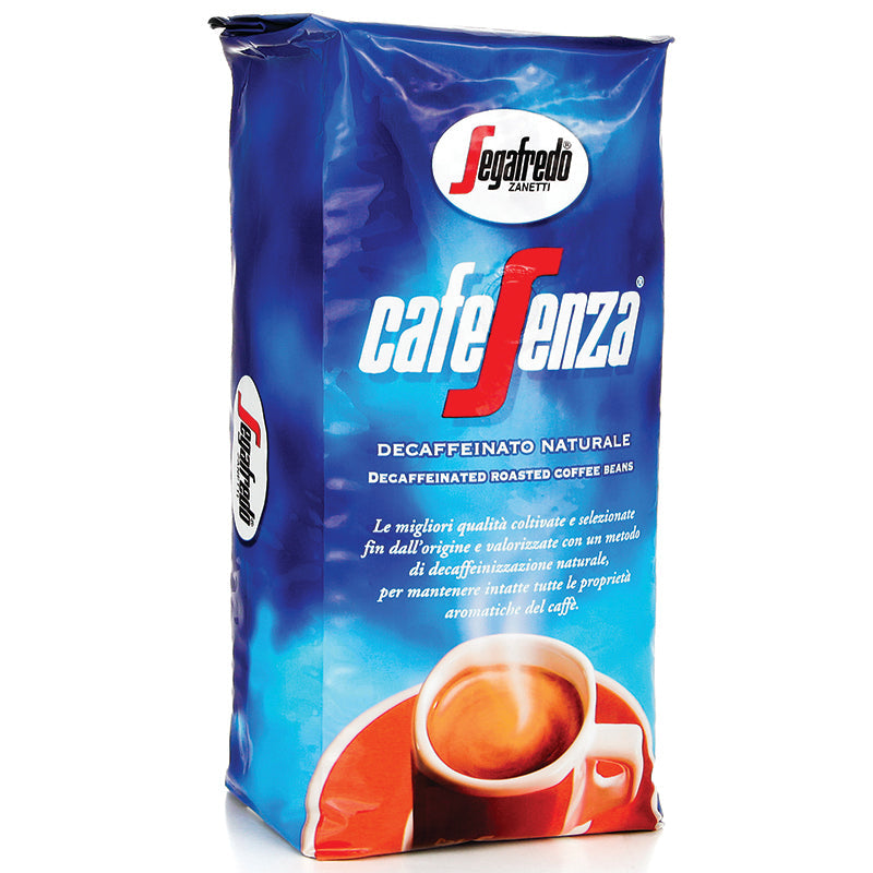 A package of Segafredo Zanetti Cafe Senza Decaf Espresso, featuring branding and a small image of a coffee cup on the front.