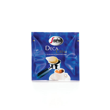 A package of Segafredo Zanetti Deca Crem (Decaf) Single Serve Espresso Pods displayed against a white background.