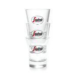 Load image into Gallery viewer, Three stacked Segafredo Branded Caffeino Glasses For Espresso with red and black Segafredo Zanetti logos on a white background.
