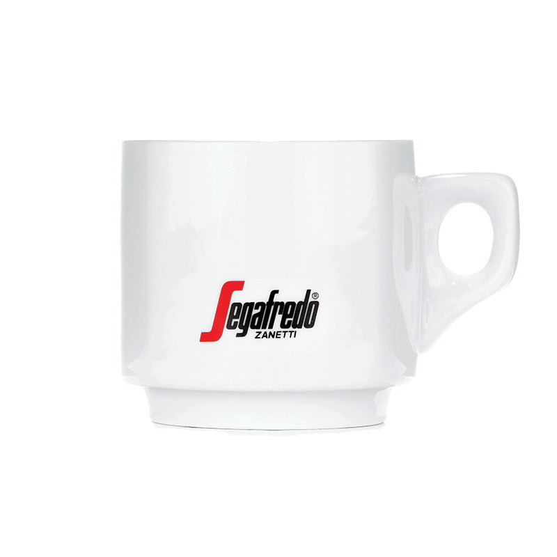 A Segafredo Branded Cup and Saucer Set, with the Segafredo Zanetti logo in red and black on the front, featuring a uniquely designed handle on the right side, completes this perfect saucer set.
