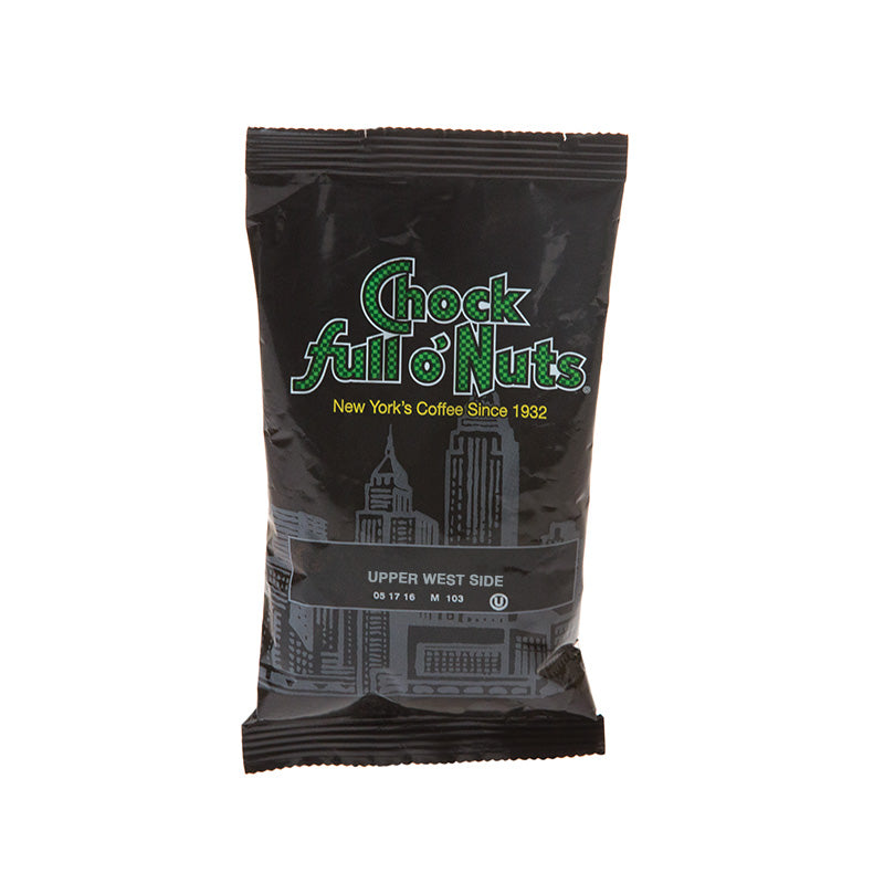 A dark roasted coffee packet labeled "Chock full o'Nuts Upper West Side European Dark Roast, New York's coffee since 1932" featuring an Upper West Side theme.