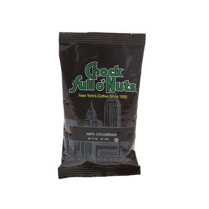 A black packet of Chock full o'Nuts 100% Colombian Medium Roast labeled "100% Colombian" with a skyline illustration and text stating "New York's Coffee Since 1932," featuring bright acidity and medium-bodied coffee flavors.