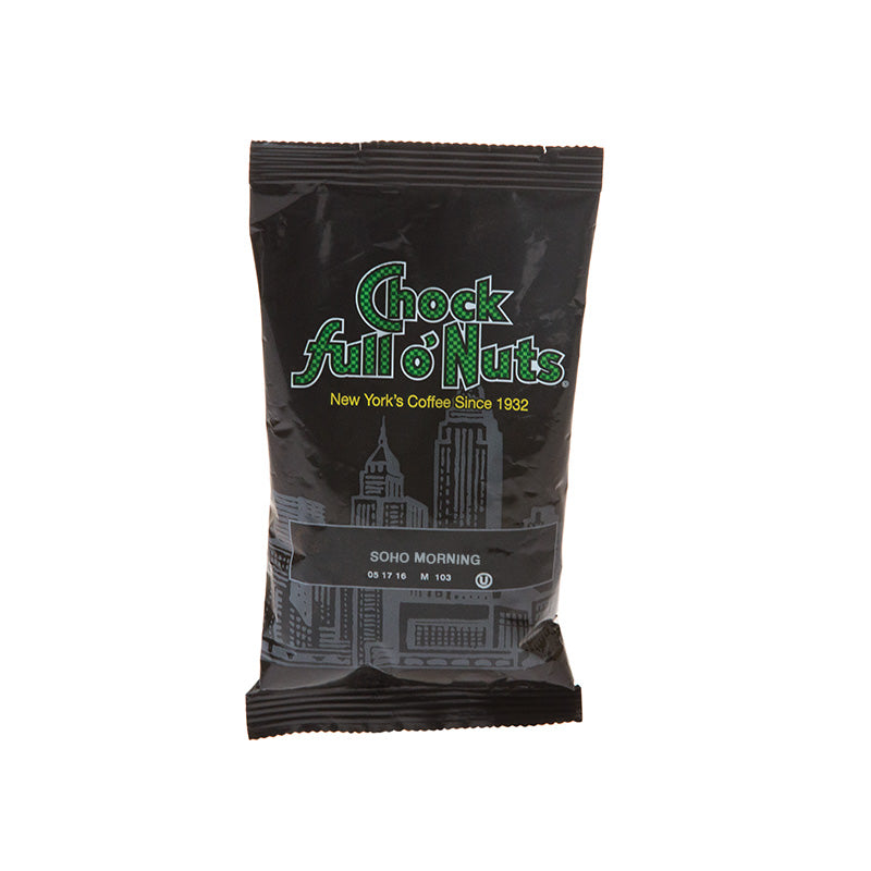 A black packet of Chock full o'Nuts Soho Morning Light Roast with "Soho Morning" written on the front. The package also features a cityscape design, the phrase "New York's Coffee Since 1932," and notes of lightly roasted beans.