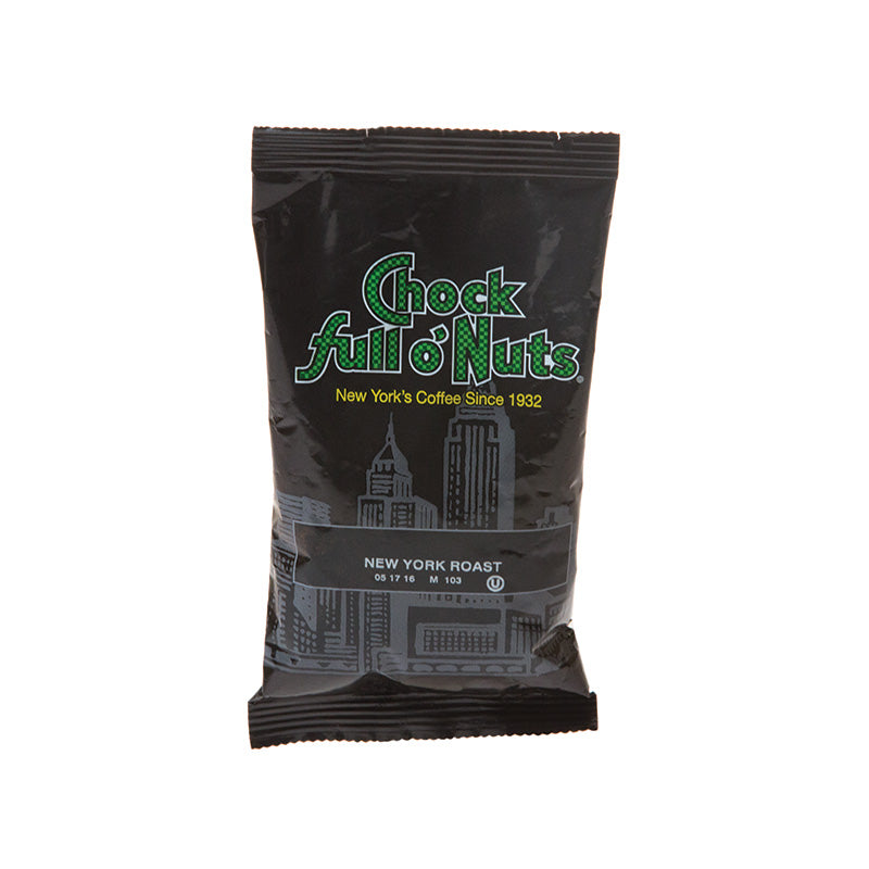 Package of Chock full o'Nuts® New York City Dark Roast coffee, featuring a city skyline on a black background. Text reads "New York's Coffee Since 1932." This medium-bodied brew boasts a nutty aroma that's perfect for any time of day.