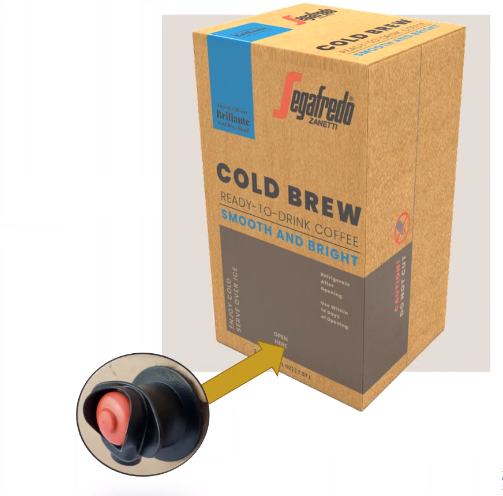 A box of Segafredo Brillante™ Cold Brew Ready-to-Drink - 2gal Bag in Box, labeled "Smooth and Bright," made from premium Colombian and Sumatran Arabicas. An arrow highlights the coffee dispenser at the bottom of the box.