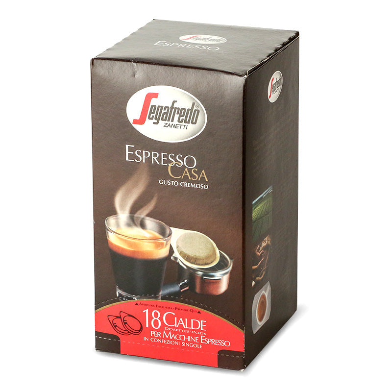 A box of Segafredo Zanetti espresso pods, containing 18 single-serve capsules, displayed on a white background.