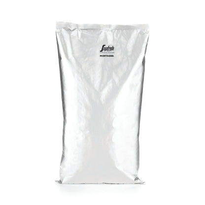 A sealed, silver foil packaging bag with the brand name "Segafredo Zanetti" and the product name "Segafredo Montagna Dark Roast" printed in black text on the front.
