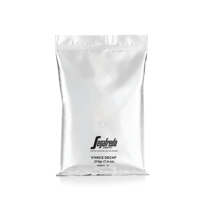 A silver-colored coffee bag labeled "Segafredo Zanetti Segafredo Vivace Decaf Medium Roast, 210g/7.4oz," featuring a blend of Brazilian Arabicas and Colombian beans, medium roasted to perfection.
