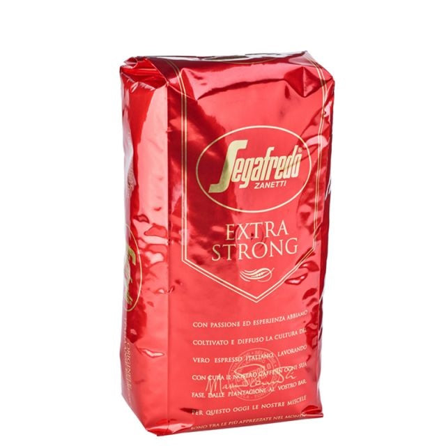 A pack of Segafredo Zanetti Extra Strong Espresso coffee with intense flavor, wrapped in shiny red packaging, displayed upright.