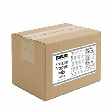 A 96 oz cardboard shipping box labeled "Segafredo Zanetti Premium Frappe Base Powder" with visible shipping labels and sealing tape.